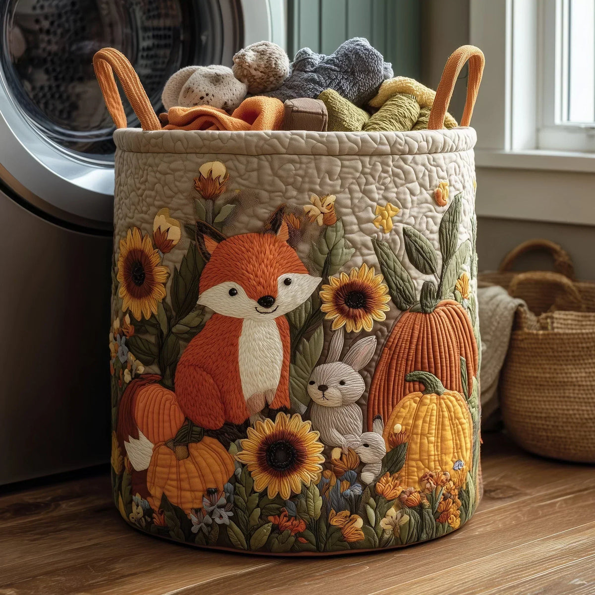 Marta hand-quilted laundry basket in a bathroom
