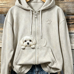 Women's Cute Peeking Maltese Dog With Paw Print Cozy Zip-Up Hoodie - 1