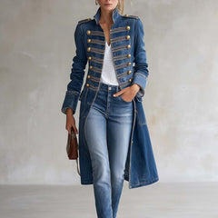Dagmar – Long Denim Coat with Military Look - 2