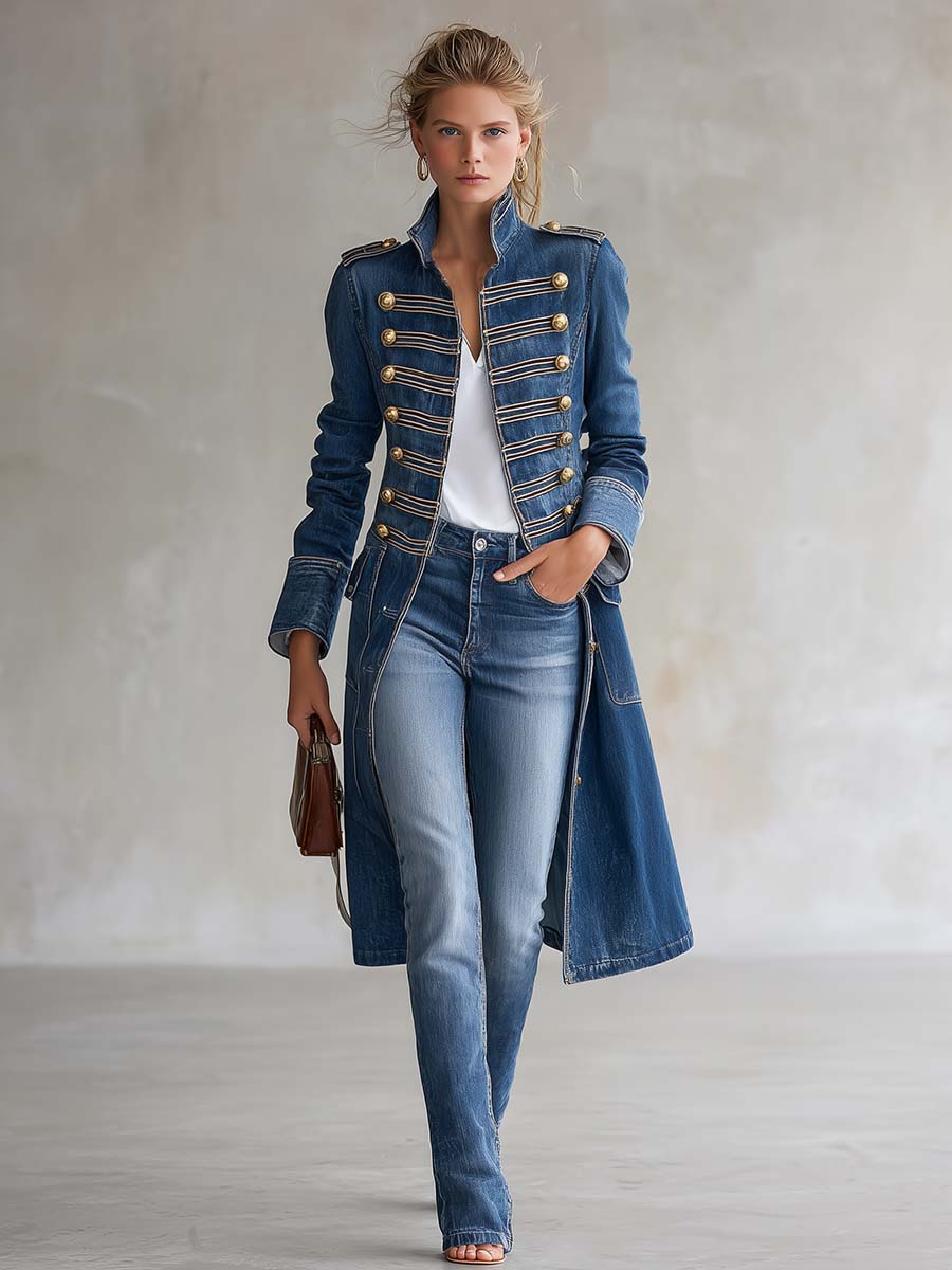 Dagmar – Long Denim Coat with Military Look - 2