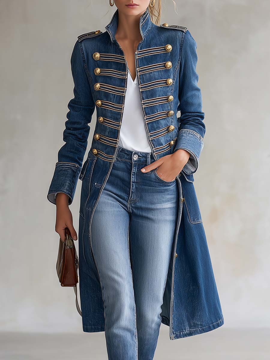 Dagmar – Long Denim Coat with Military Look - 1