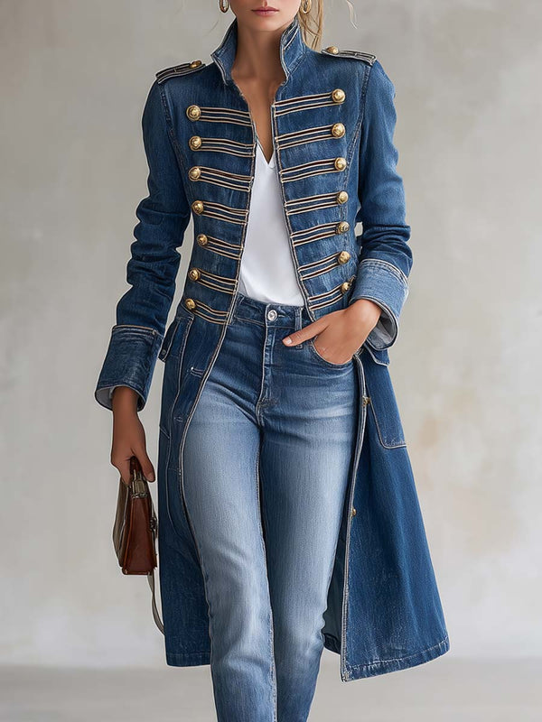 Dagmar – Long Denim Coat with Military Look - 1
