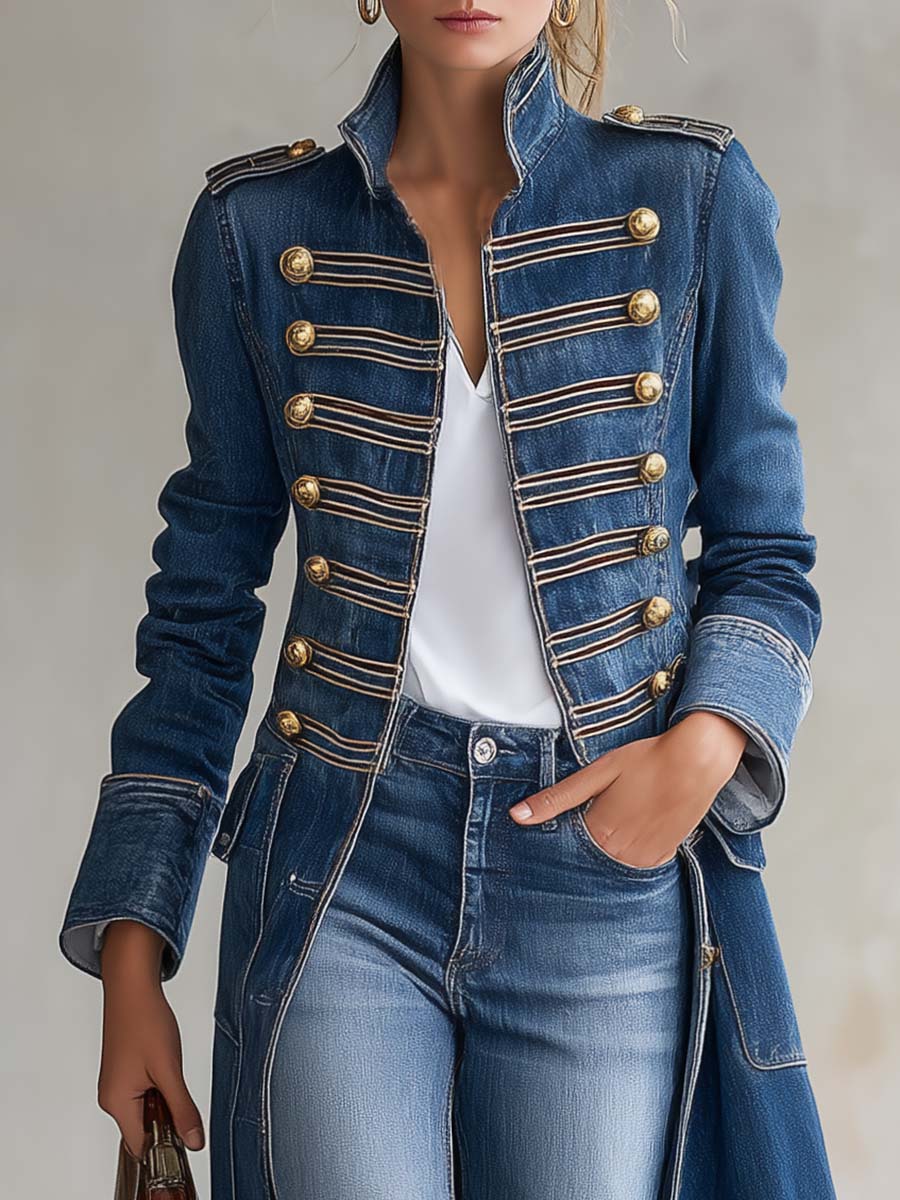 Dagmar – Long Denim Coat with Military Look - 3