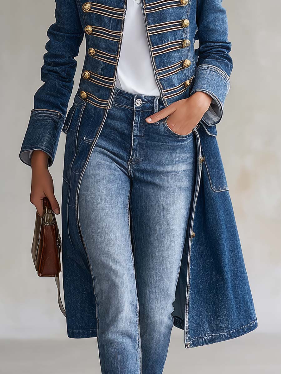 Dagmar – Long Denim Coat with Military Look - 4