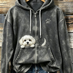 Women's Cute Peeking Maltese Dog With Paw Print Cozy Zip-Up Hoodie - 3