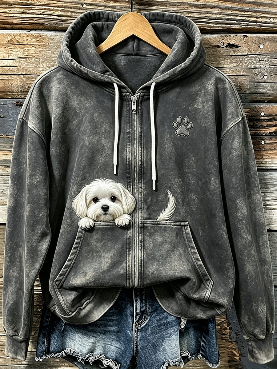 Women's Cute Peeking Maltese Dog With Paw Print Cozy Zip-Up Hoodie - 3