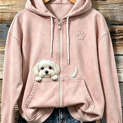 Women's Cute Peeking Maltese Dog With Paw Print Cozy Zip-Up Hoodie - 2