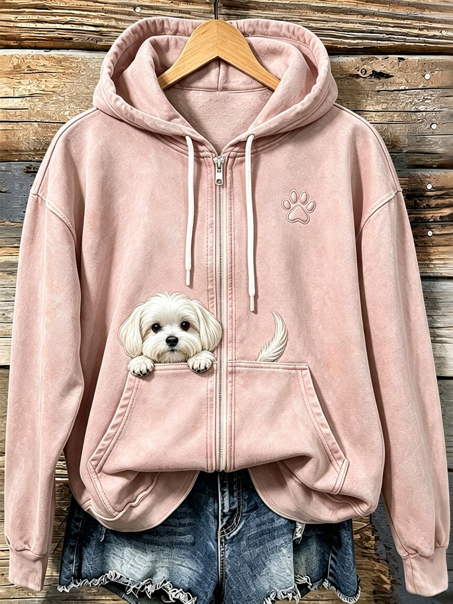 Women's Cute Peeking Maltese Dog With Paw Print Cozy Zip-Up Hoodie - 2