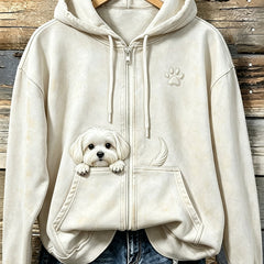 Women's Cute Peeking Maltese Dog With Paw Print Cozy Zip-Up Hoodie - 4
