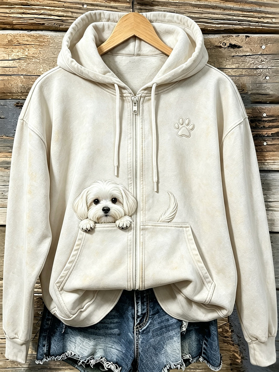 Women's Cute Peeking Maltese Dog With Paw Print Cozy Zip-Up Hoodie - 4