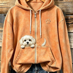 Women's Cute Peeking Maltese Dog With Paw Print Cozy Zip-Up Hoodie - 5