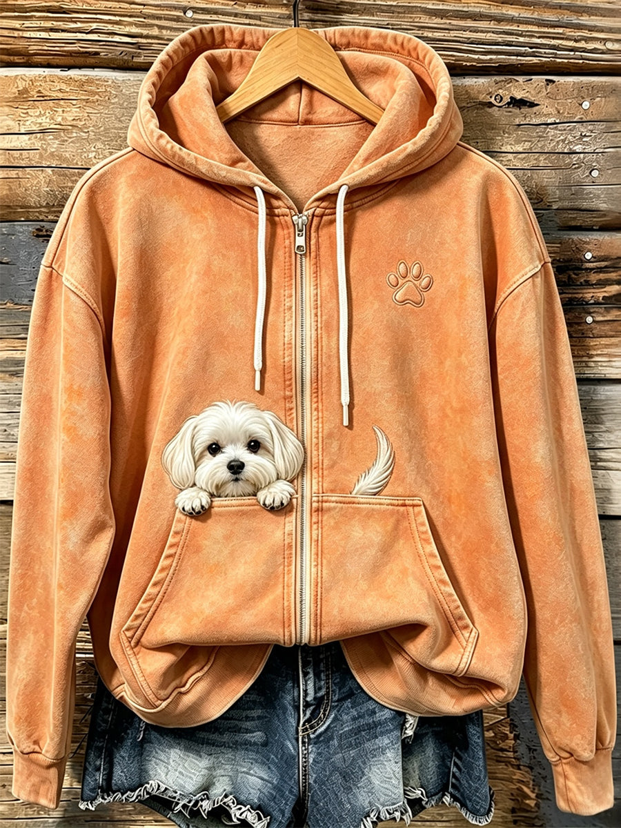 Women's Cute Peeking Maltese Dog With Paw Print Cozy Zip-Up Hoodie - 5