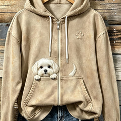 Women's Cute Peeking Maltese Dog With Paw Print Cozy Zip-Up Hoodie - 6