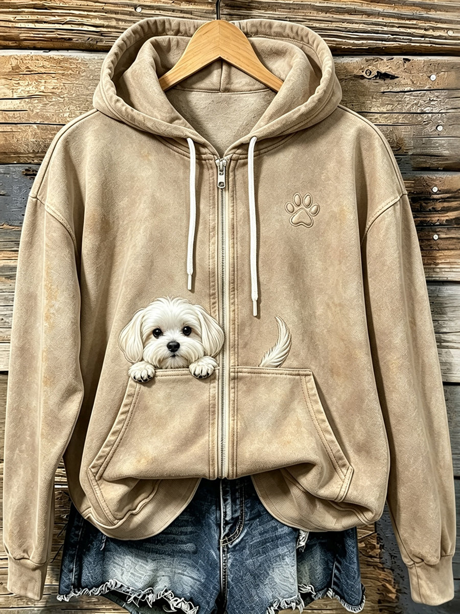 Women's Cute Peeking Maltese Dog With Paw Print Cozy Zip-Up Hoodie - 6