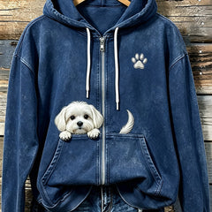 Women's Cute Peeking Maltese Dog With Paw Print Cozy Zip-Up Hoodie - 7