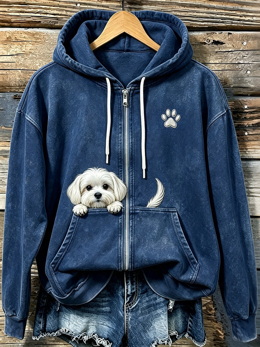 Women's Cute Peeking Maltese Dog With Paw Print Cozy Zip-Up Hoodie - 7