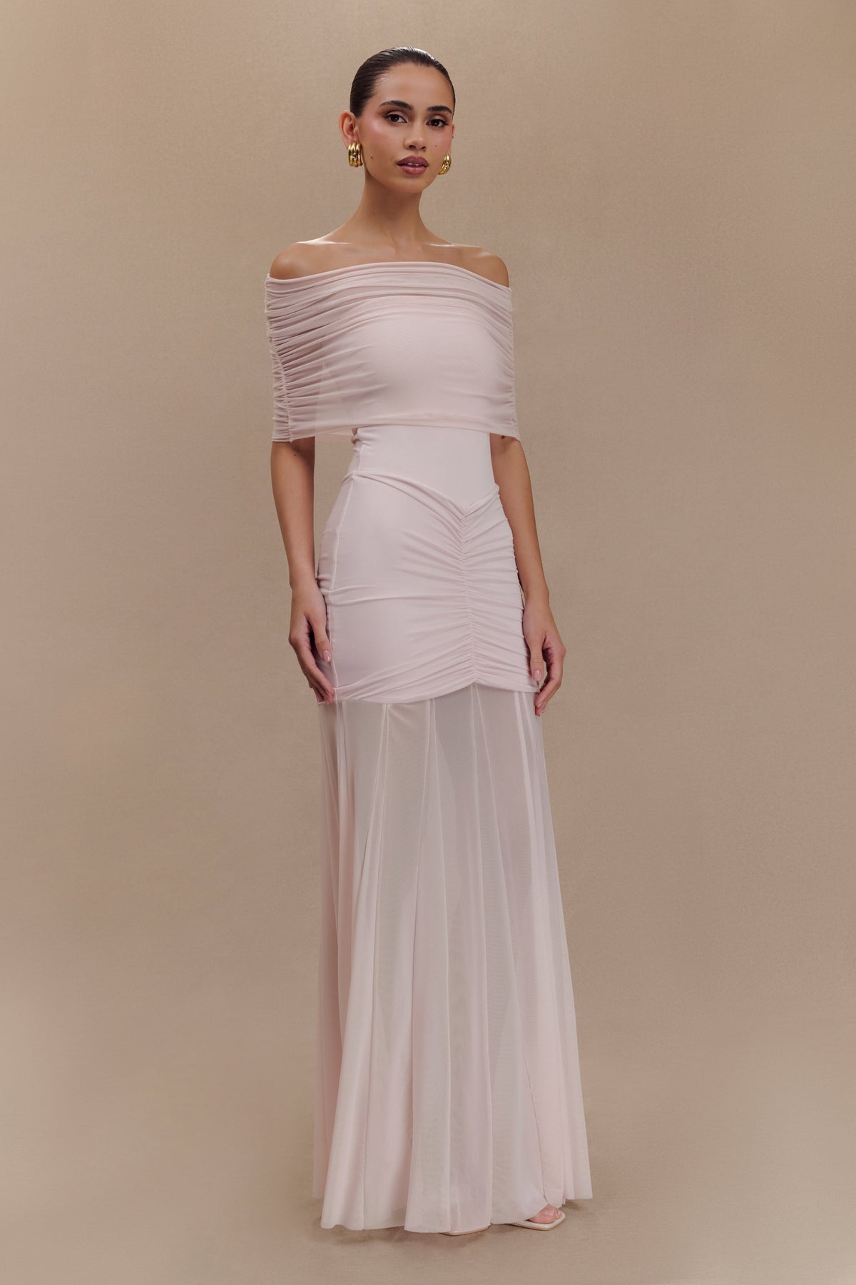 Caspian Slinky And Mesh Off Shoulder Maxi Dress - Pale Pink