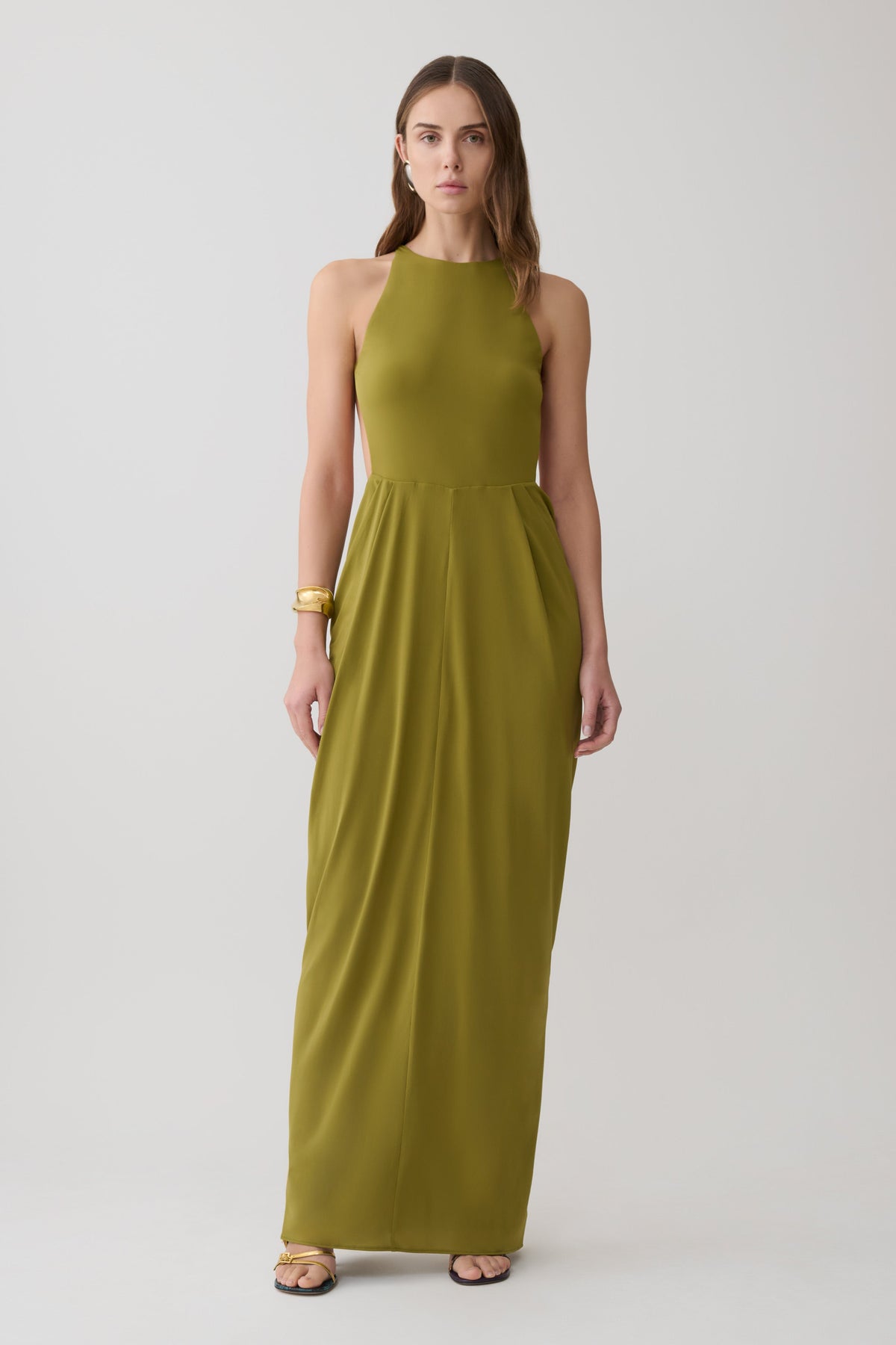 Bahari Low Back Halter Maxi Dress - Vintage Olive