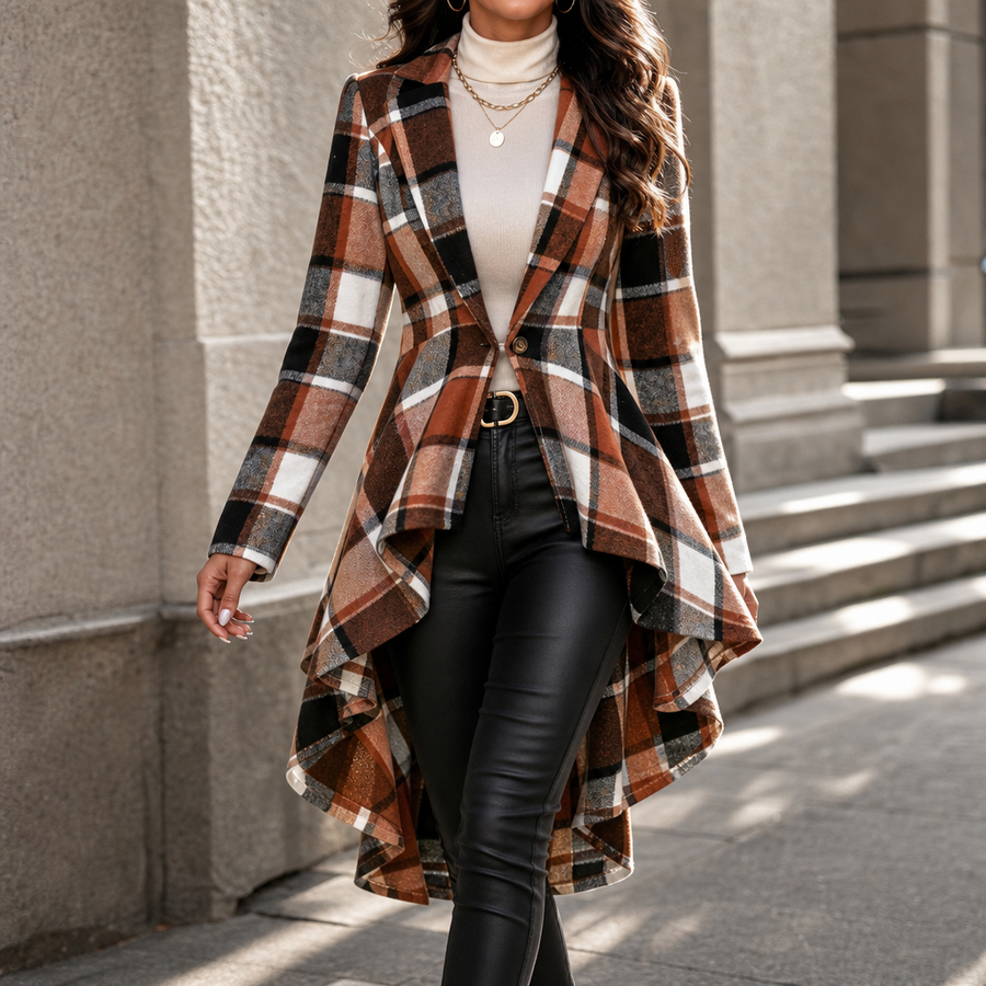 Wearbella – Cinched-Waist High-Low Plaid Peplum Coat