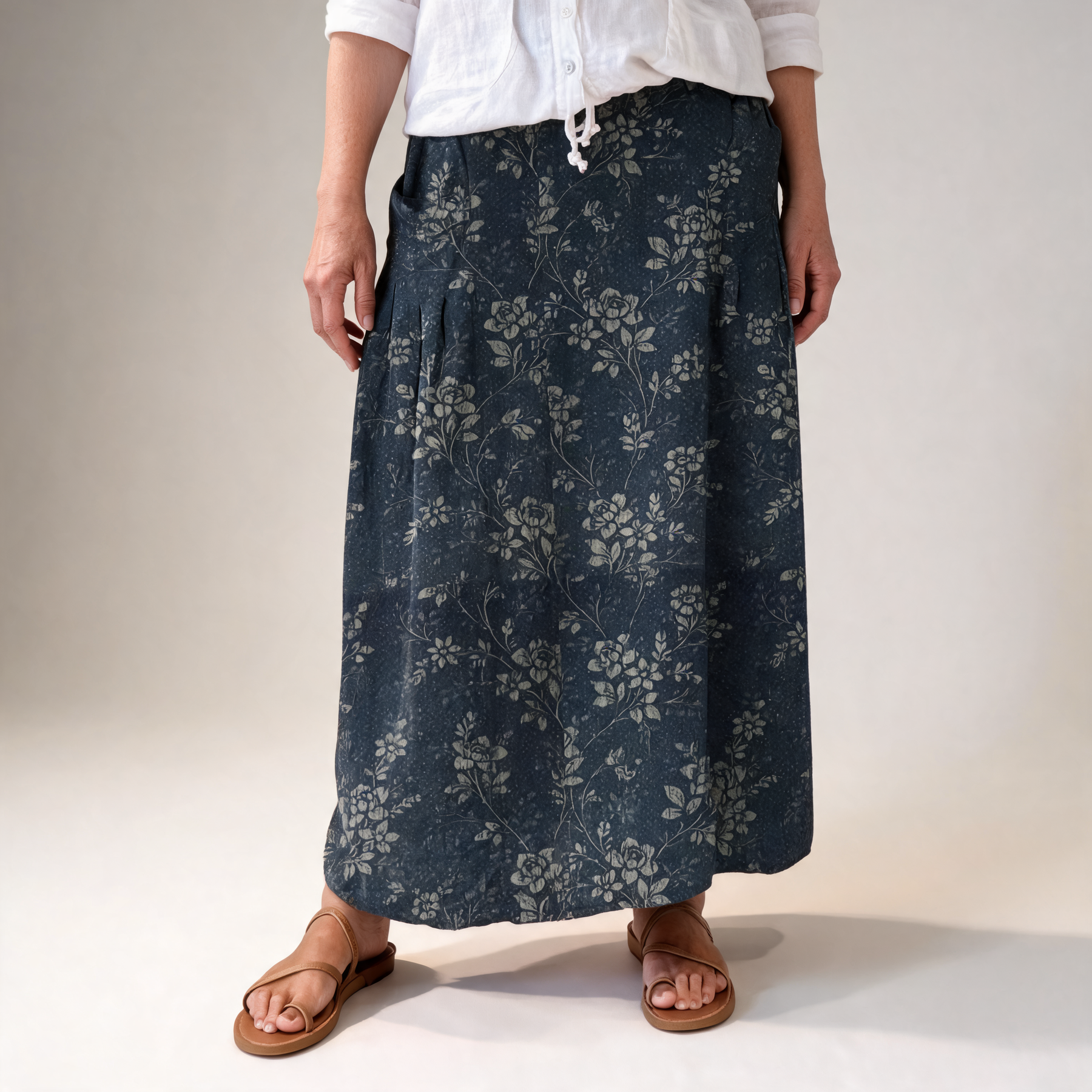 Maren | Floral Linen Skirt with pockets and elastic waistband