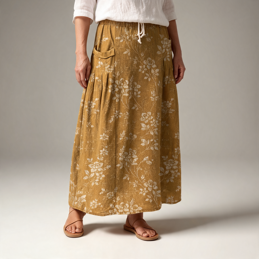 Maren | Floral Linen Skirt with pockets and elastic waistband