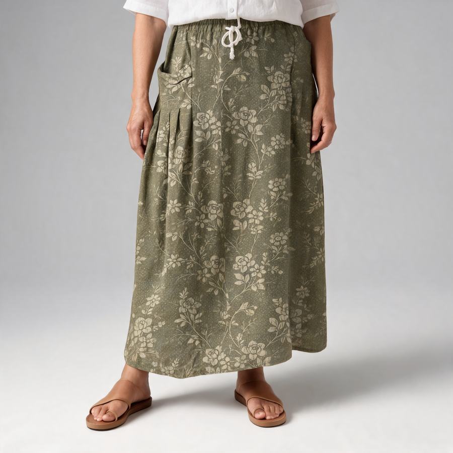 Maren | Floral Linen Skirt with pockets and elastic waistband